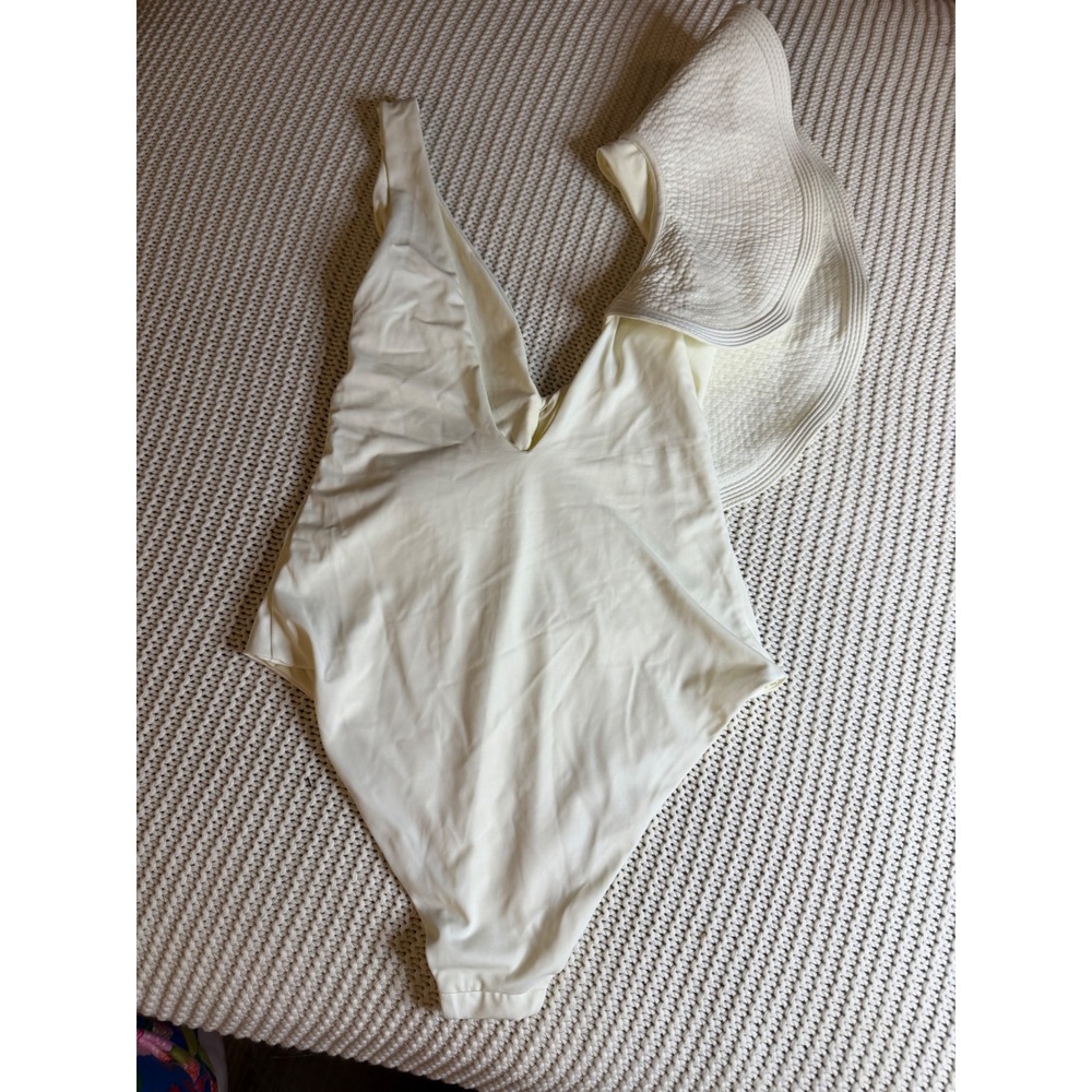Johanna Ortiz Cream Ruffle One Piece Swimsuit Deep V Neck Resortwear Small - Picture 3 of 3